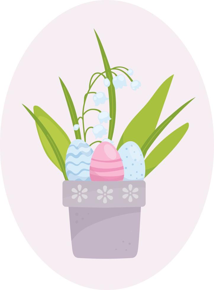 Snowdrop flowers and Easter eggs in a flower pot, Easter spring illustration vector