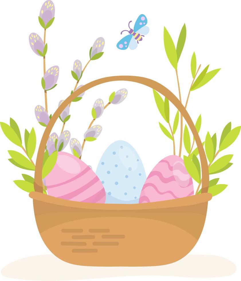 Easter basket with eggs and willow, Happy easter concept vector