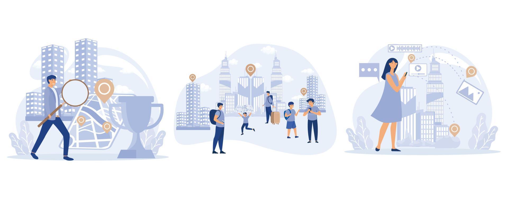 Sightseeing concept, Interactive city quest, city tour, smart destinations project, urban park, old town, taking photos, smart spot, set flat vector modern illustration