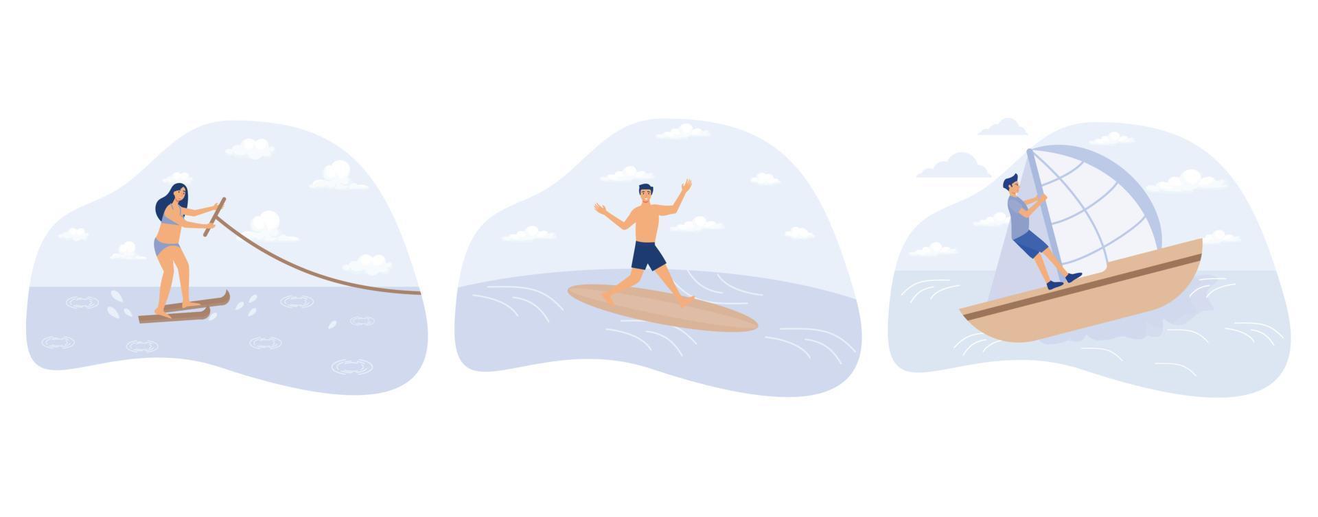 agua deporte concepto, agua esquiar, surf y navegación, activo estilo de vida, verano aventura, Oceano ola, extremo deporte, nadar traje de neopreno, yate club, conjunto plano vector moderno ilustración
