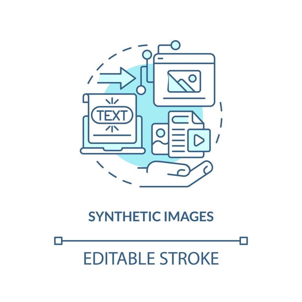 sintético imágenes turquesa concepto icono. computadora modelos ai generado medios de comunicación tipo resumen idea Delgado línea ilustración. aislado contorno dibujo. editable carrera vector