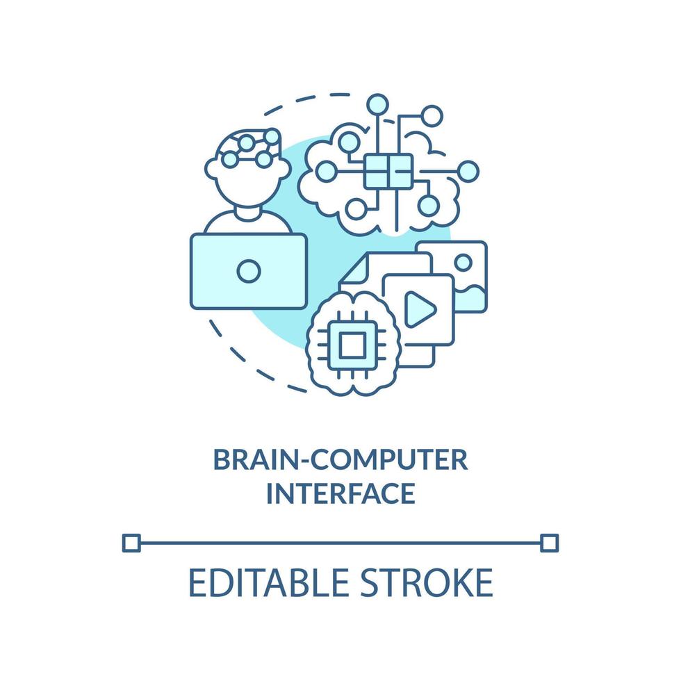 Brain computer interface turquoise concept icon. Metaverse technology abstract idea thin line illustration. Isolated outline drawing. Editable stroke vector