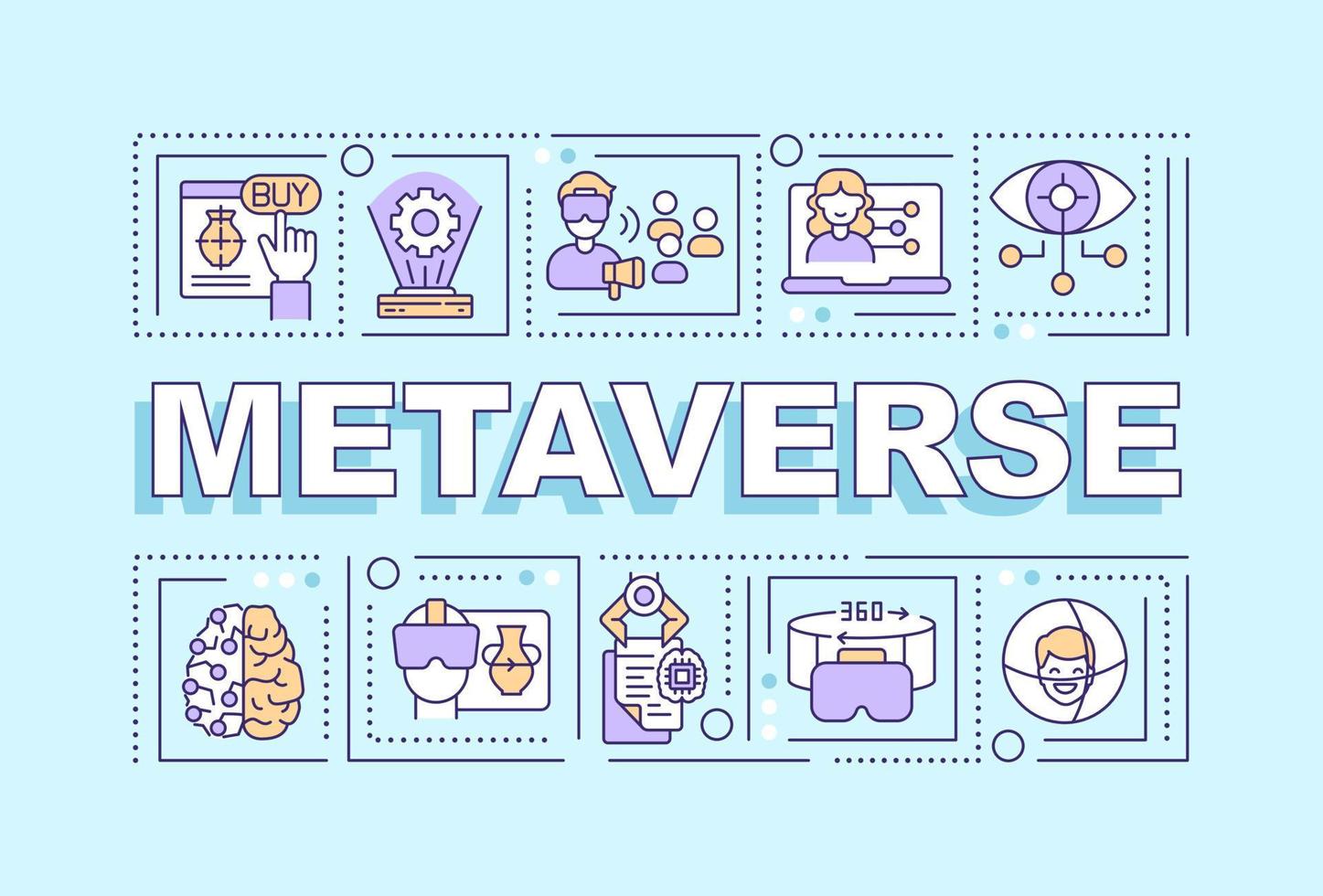 Metaverse word concepts blue banner. Virtual reality technology. Infographics with editable icons on color background. Isolated typography. Vector illustration with text