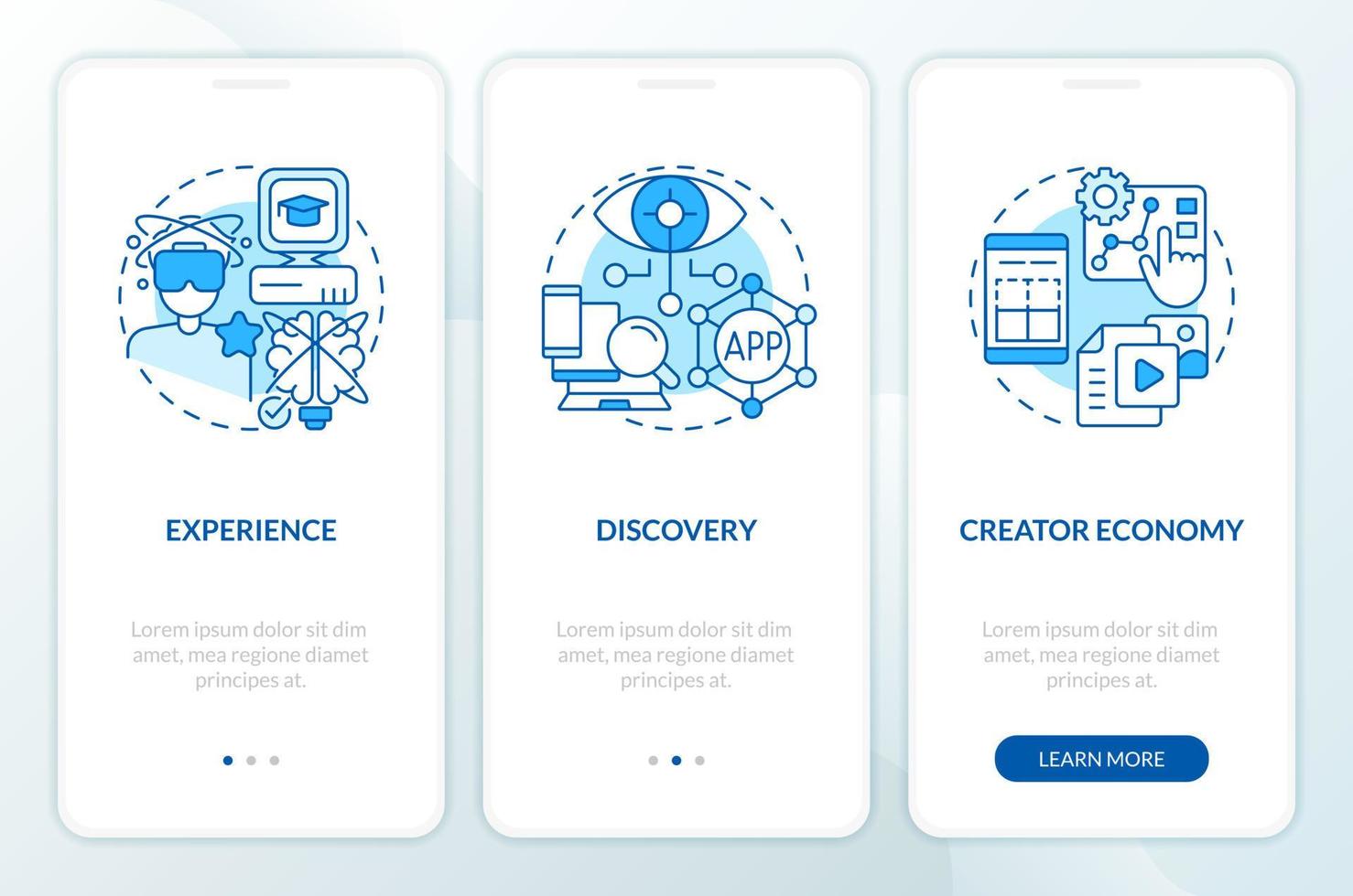 Multiverse layers blue onboarding mobile app screen. Virtual reality walkthrough 3 steps editable graphic instructions with linear concepts. UI, UX, GUI template vector