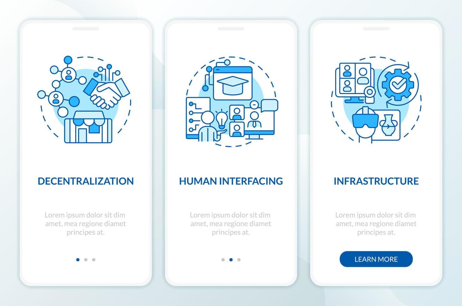 capas de metaverso azul inducción móvil aplicación pantalla. ciberespacio recorrido 3 pasos editable gráfico instrucciones con lineal conceptos. ui, ux, gui modelo vector