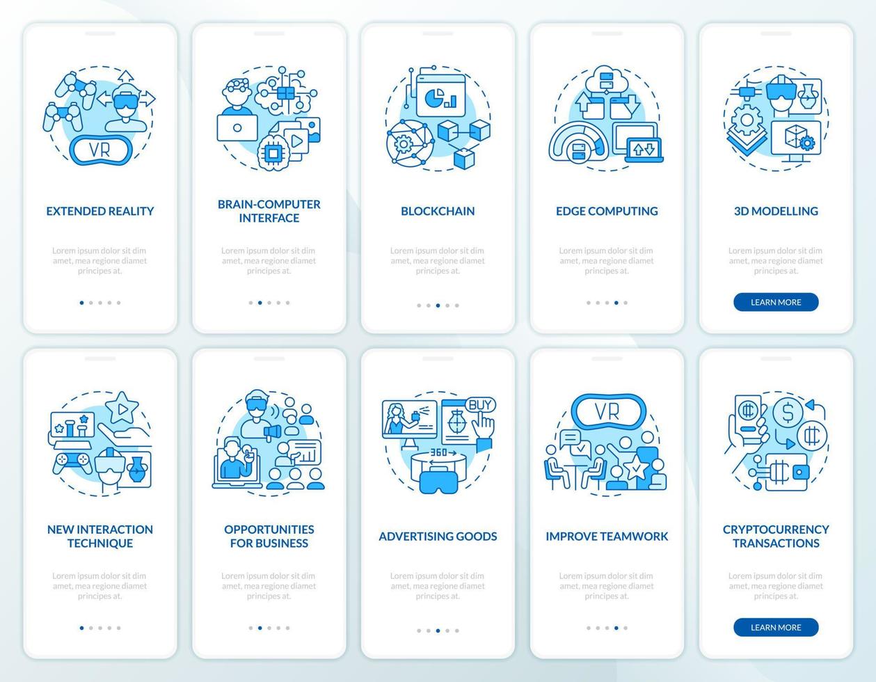 Metaverse for business blue onboarding mobile app screens set. Walkthrough 5 steps editable graphic instructions with linear concepts. UI, UX, GUI template vector