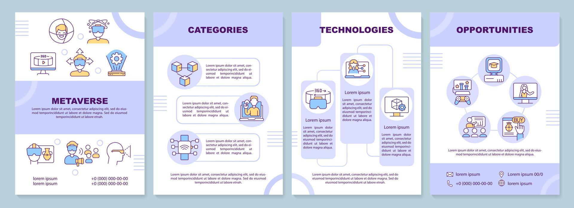 Metaverse purple brochure template. Virtual reality. Leaflet design with linear icons. Editable 4 vector layouts for presentation, annual reports
