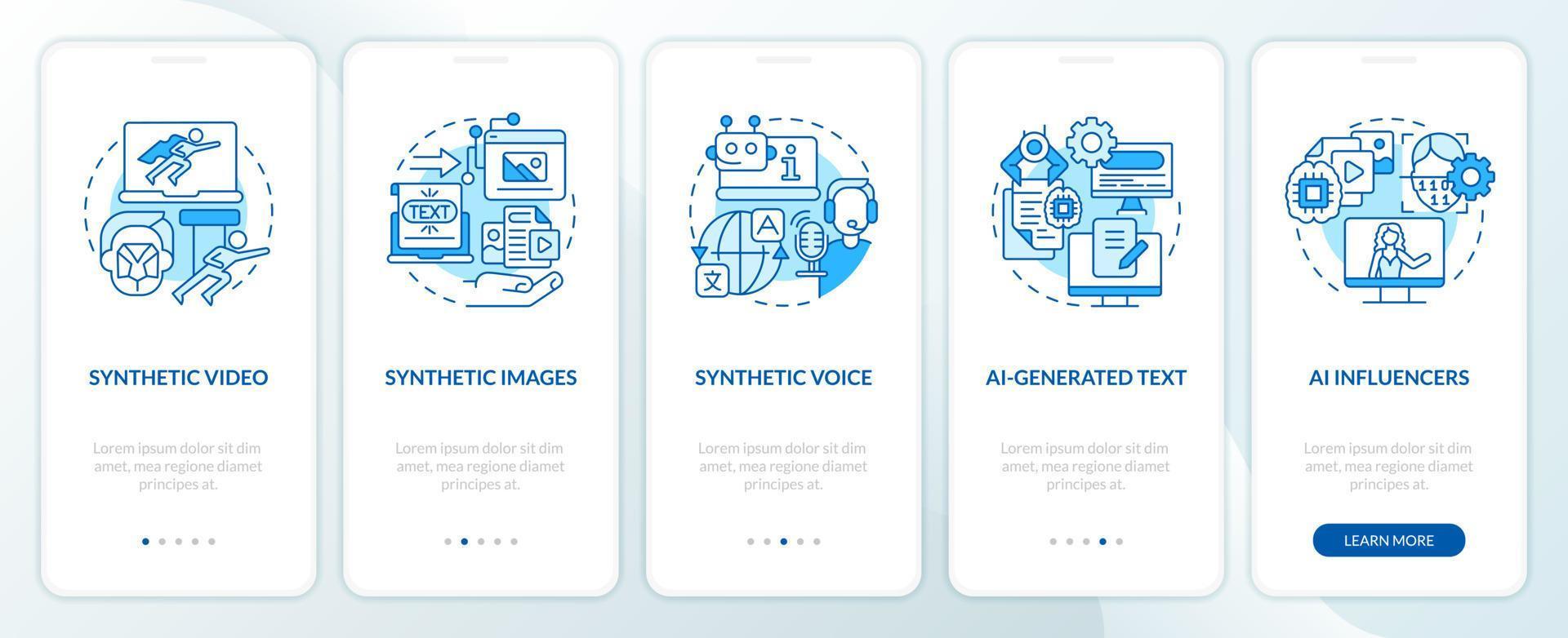 Synthetic media types blue onboarding mobile app screen. VR walkthrough 5 steps editable graphic instructions with linear concepts. UI, UX, GUI template vector