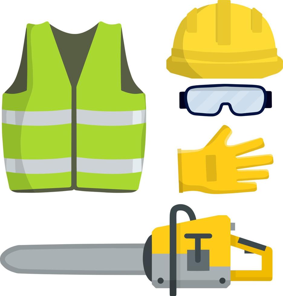 conjunto de ropa constructor y obrero. verde chaleco, casco, anteojos, guantes. dibujos animados plano ilustración. motosierra de leñador. reparar y mantenimiento. la seguridad y herramientas para corte arboles vector