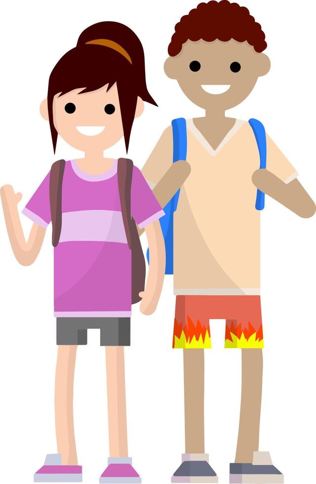 Couple of young high school students in summer clothes on vacation. A guy and a girl with a backpack. vector