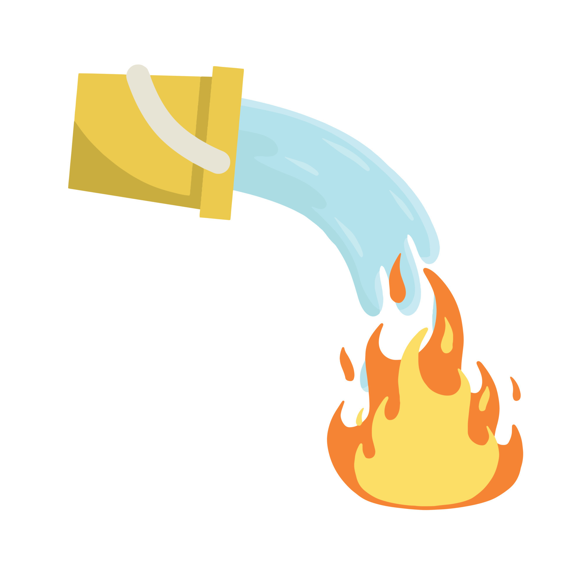 Bucket pours water on fire. Firefighting and spilling with spray. Flat