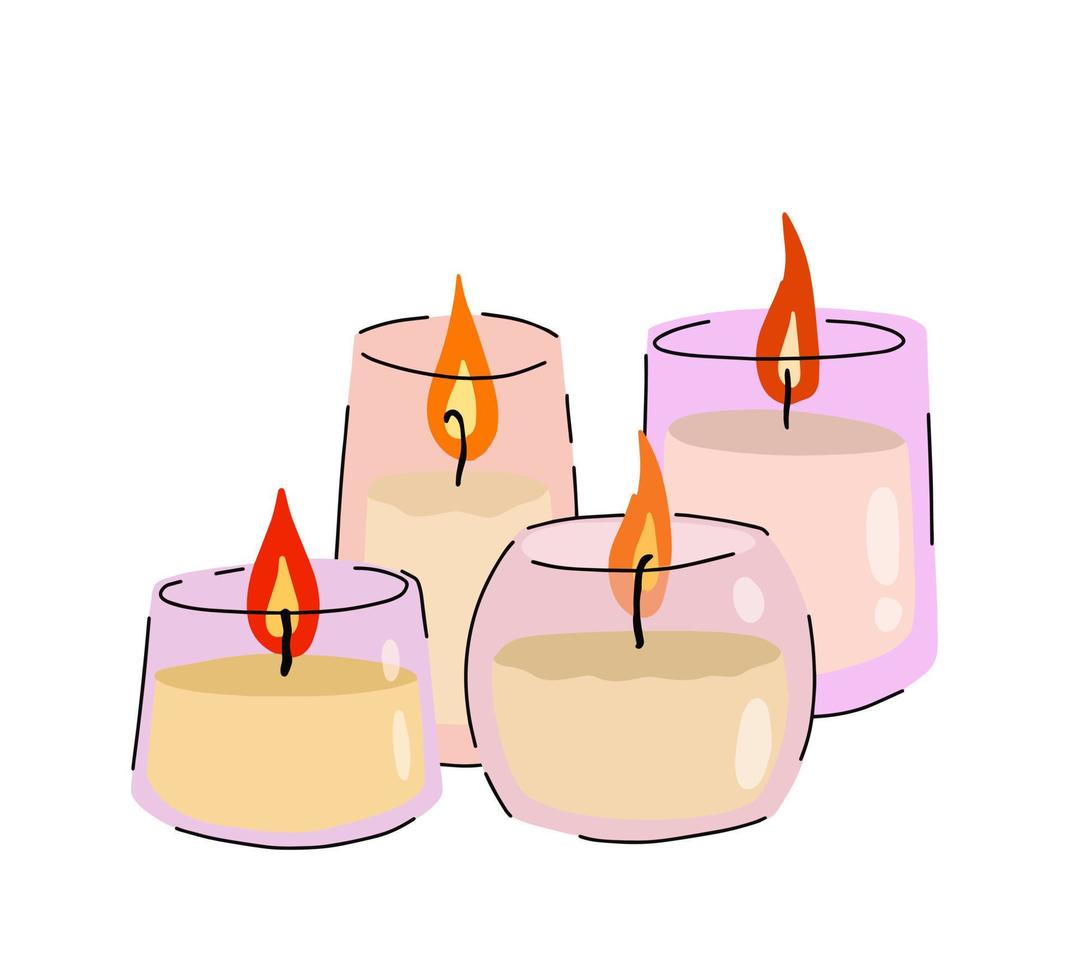 velas perfumadas en tarro de cristal. llama romántica y fuego en vidrio decorativo. garabato, caricatura, aislado, blanco, plano de fondo vector