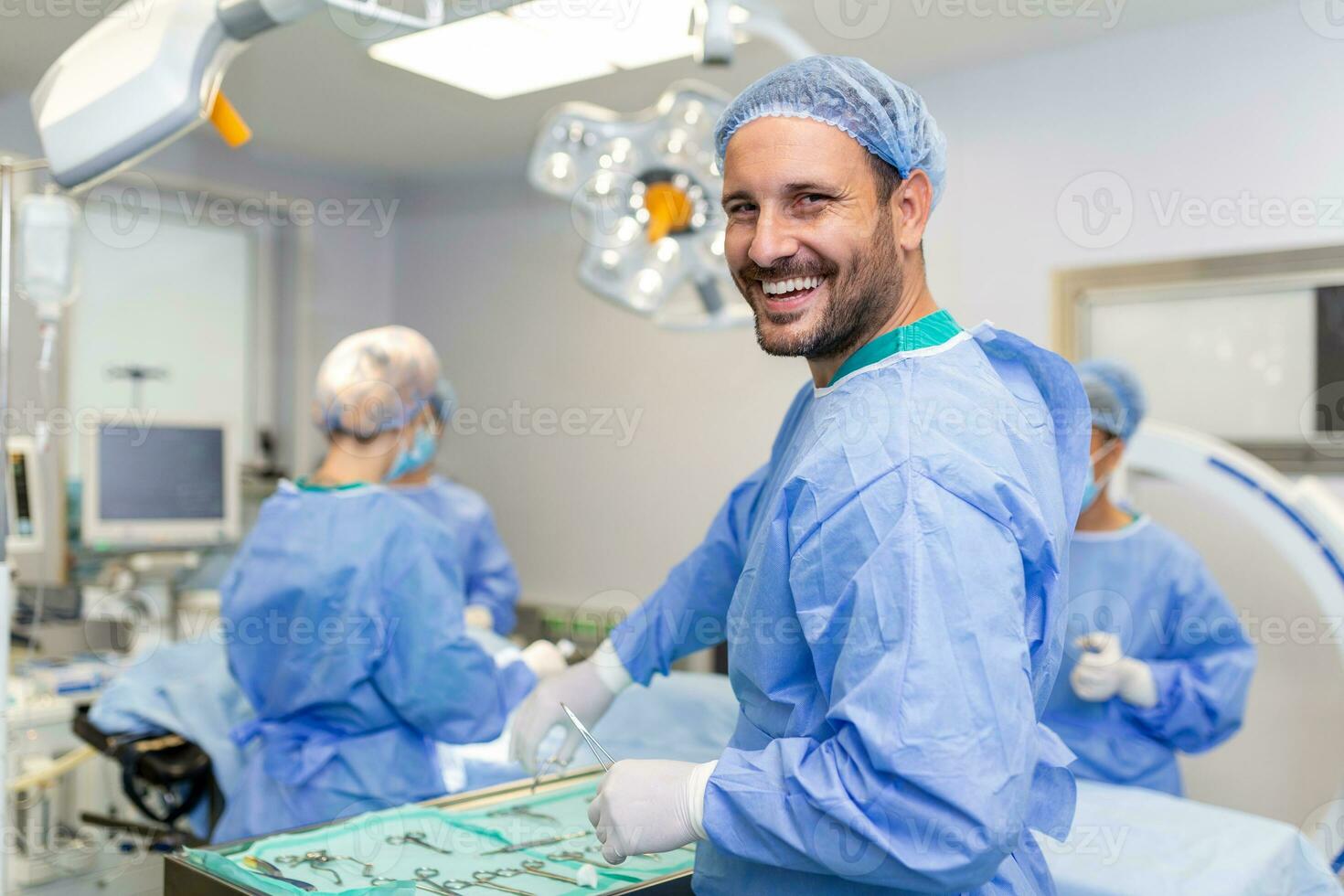 Portrait of surgeon standing in operating room, ready to work on a patient. African American Female medical worker surgical uniform in operation theater. photo