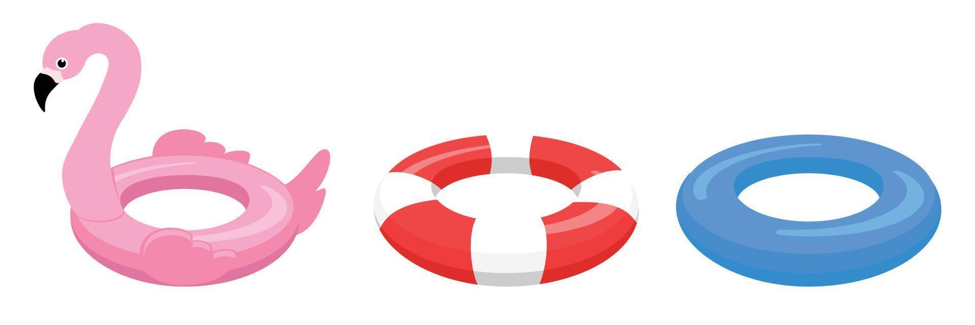 Collection of life buoy isolated on white background. Pink flamingo help ring. Classic red and white rescue circle. Blue lifebuoy. Vector illustration.