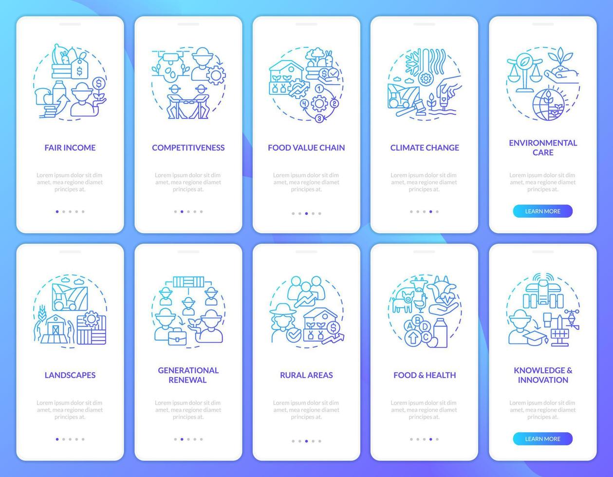 Agriculture policy goals blue gradient onboarding mobile app screens set. Walkthrough 5 steps graphic instructions with linear concepts. UI, UX, GUI template vector