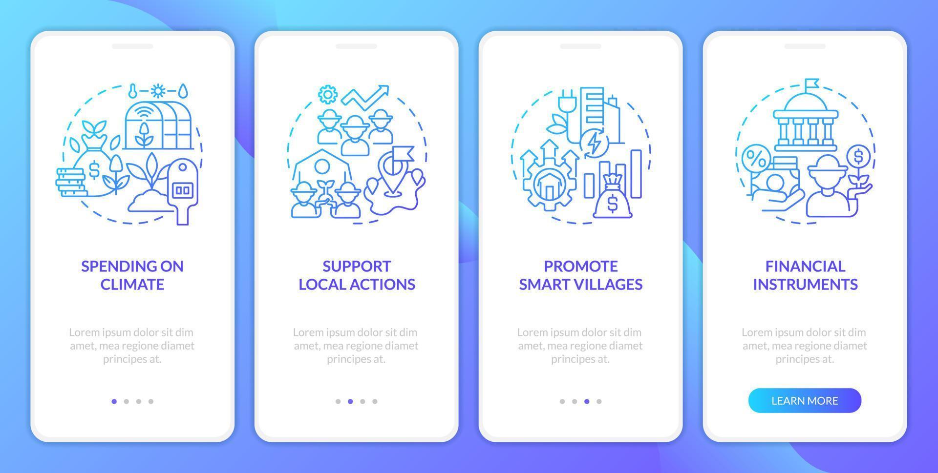 rural desarrollo programa azul degradado inducción móvil aplicación pantalla. recorrido 4 4 pasos gráfico instrucciones con lineal conceptos. ui, ux, gui modelo vector