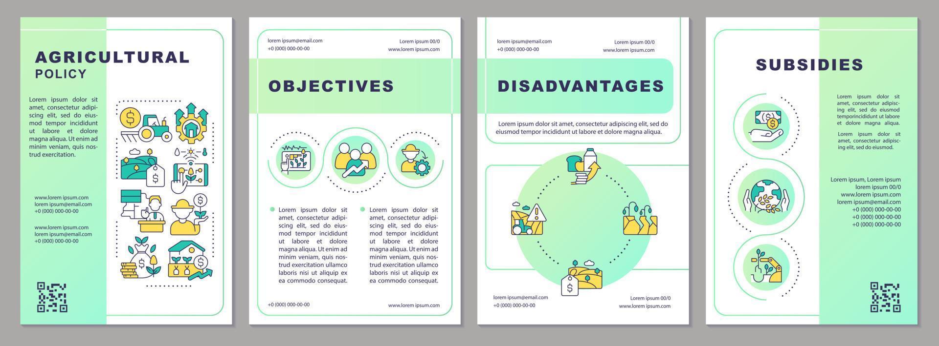 Agricultural policy green gradient brochure template. Framing support Leaflet design with linear icons. 4 vector layouts for presentation, annual reports
