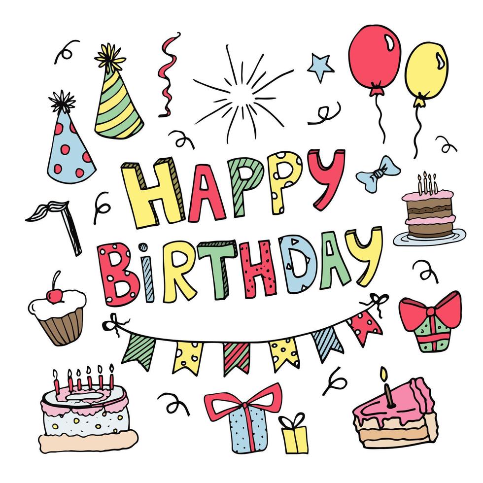 Set of Happy Birthday doodles. Sketch of party decoration, gift box, cake, party hats. Hand drawn vector illustration isolated on white background.