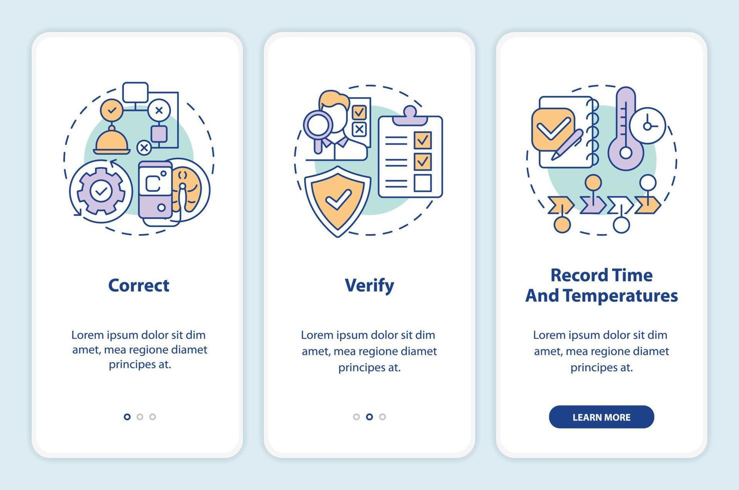 HACCP in work onboarding mobile app screen. Food control walkthrough 3 steps editable graphic instructions with linear concepts. UI, UX, GUI template vector