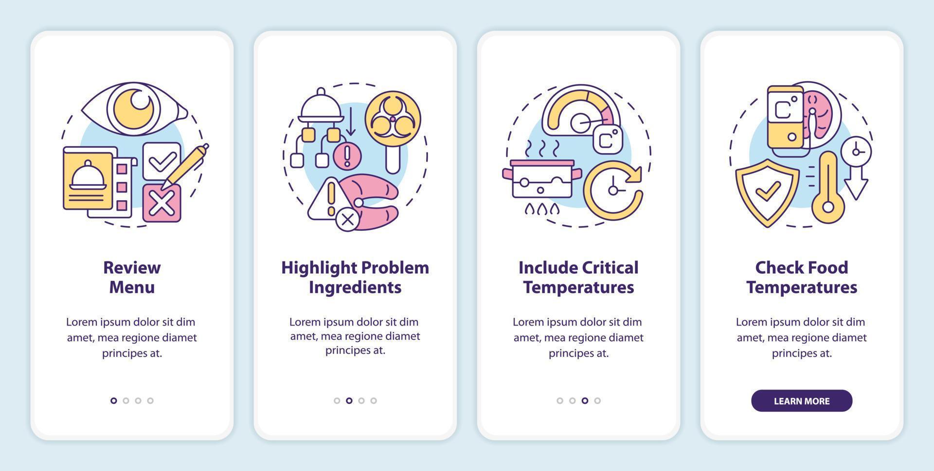 haccp en práctica inducción móvil aplicación pantalla. riesgo análisis recorrido 4 4 pasos editable gráfico instrucciones con lineal conceptos. ui, ux, gui modelo vector