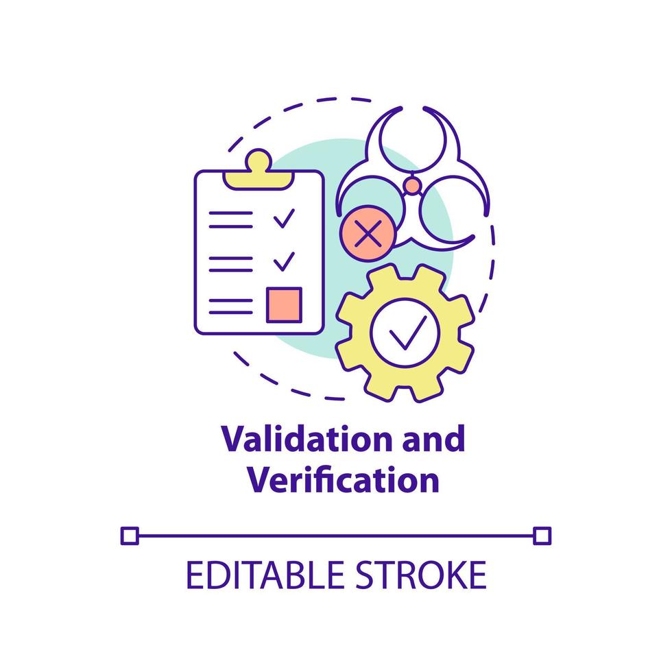 Validation and verification concept icon. Checkup action plan. HACCP principle abstract idea thin line illustration. Isolated outline drawing. Editable stroke vector