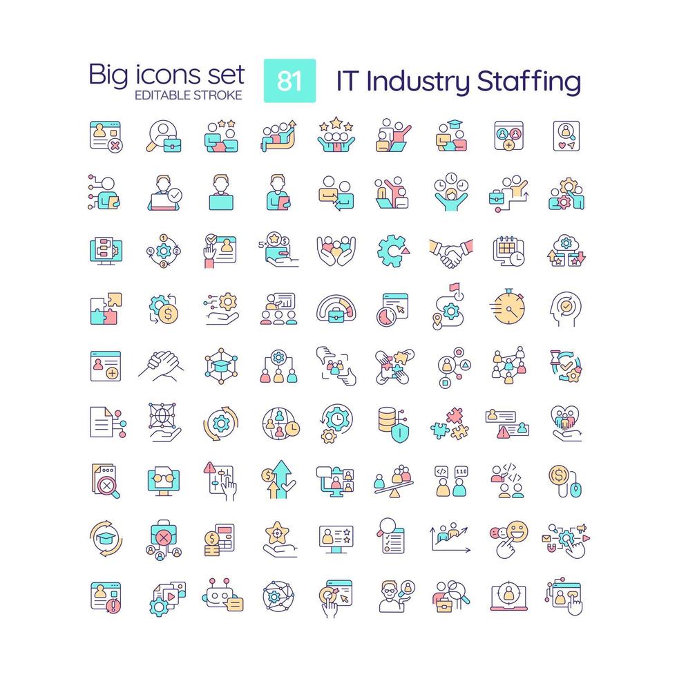IT industry staffing RGB color icons set. HR department. Hiring process. Company recruitment. Isolated vector illustrations. Simple filled line drawings collection. Editable stroke
