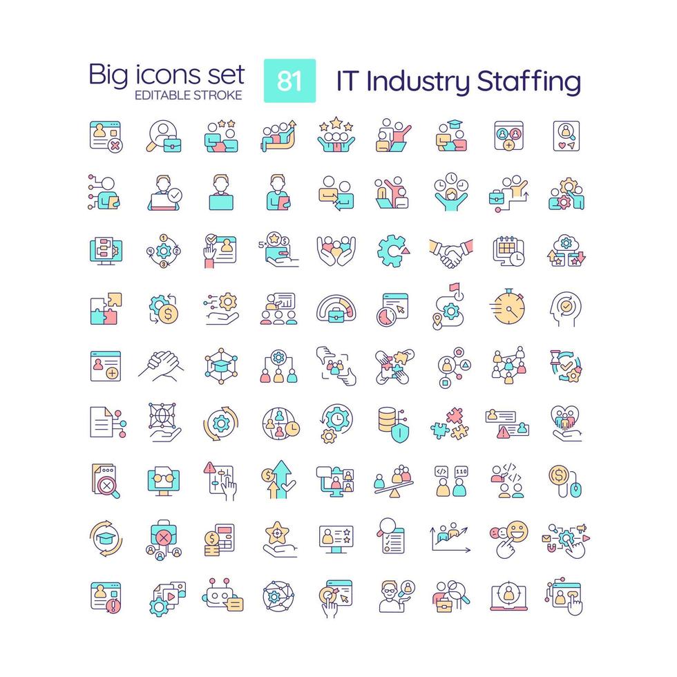 IT industry staffing RGB color icons set. HR department. Hiring process. Company recruitment. Isolated vector illustrations. Simple filled line drawings collection. Editable stroke