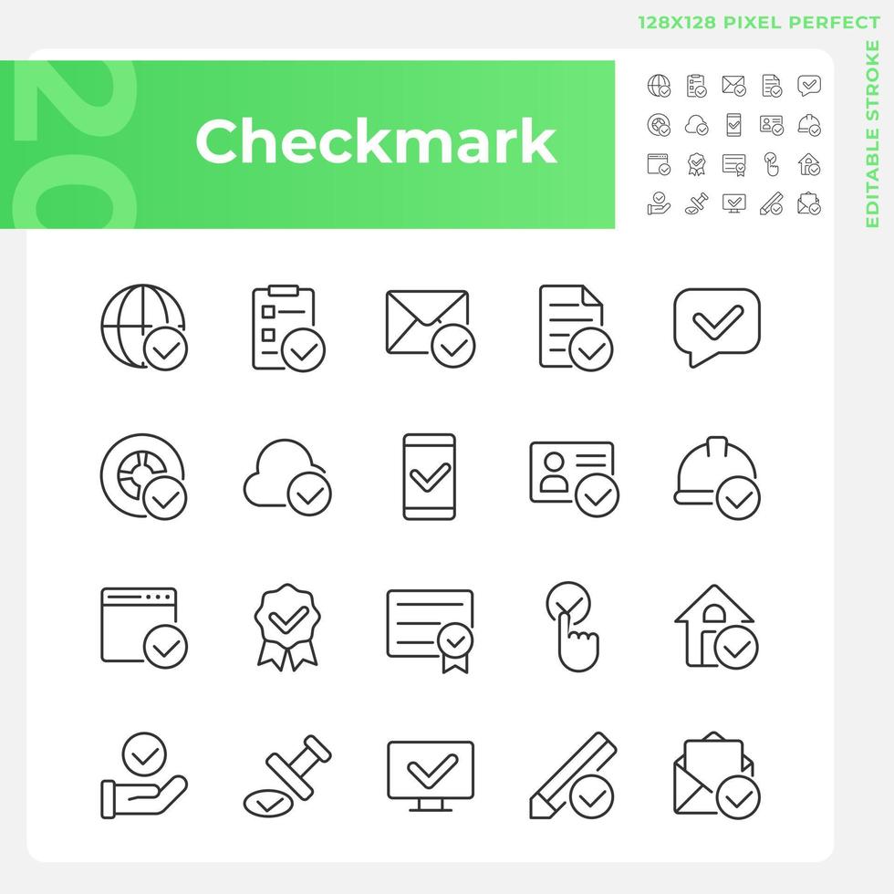 Checkmark pixel perfect linear icons set. Information validation signs. Vote and choise. Marks for correct data. Customizable thin line symbols. Isolated vector outline illustrations. Editable stroke