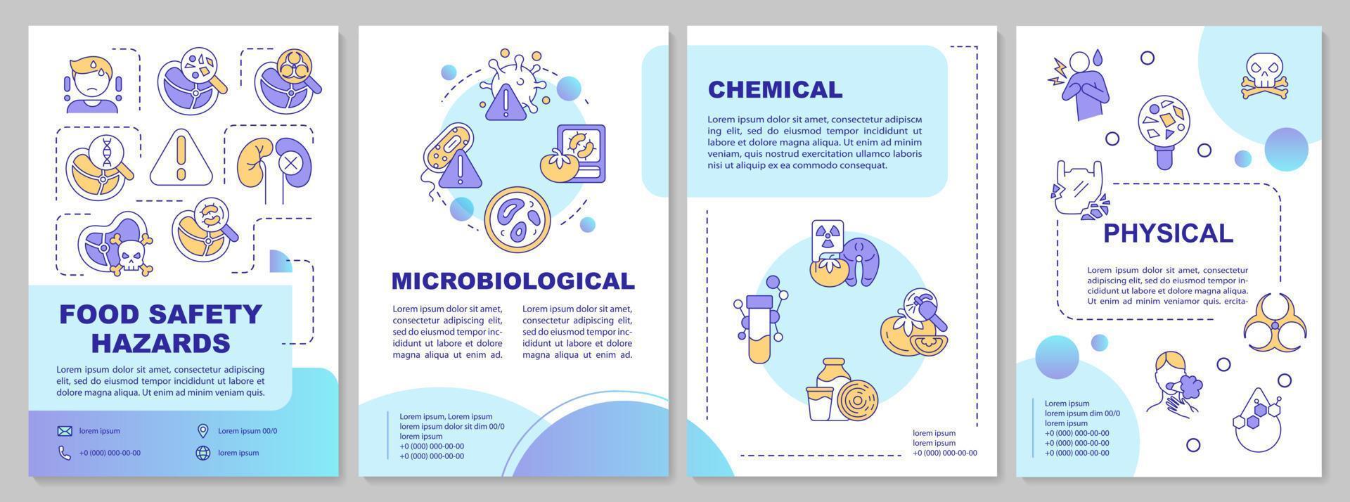 Food safety hazards blue gradient brochure template. HACCP system. Leaflet design with linear icons. 4 vector layouts for presentation, annual reports