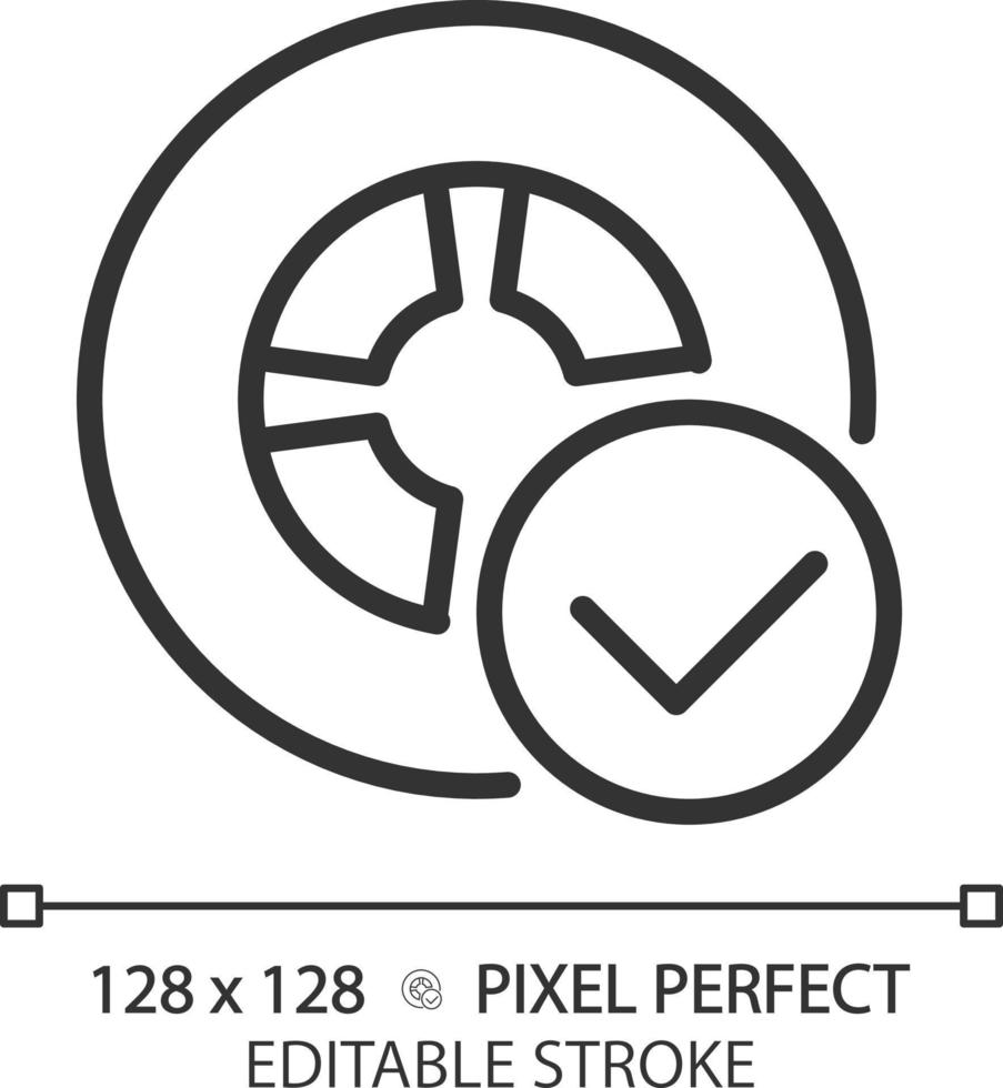 Vehicle tire safety pixel perfect linear icon. Wheel with checkmark. Transport quality control. Approved product. Thin line illustration. Contour symbol. Vector outline drawing. Editable stroke