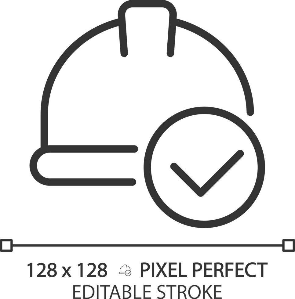 Hard hat with check mark pixel perfect linear icon. Safety equipment for construction site. Laborer protective helmet. Thin line illustration. Contour symbol. Vector outline drawing. Editable stroke