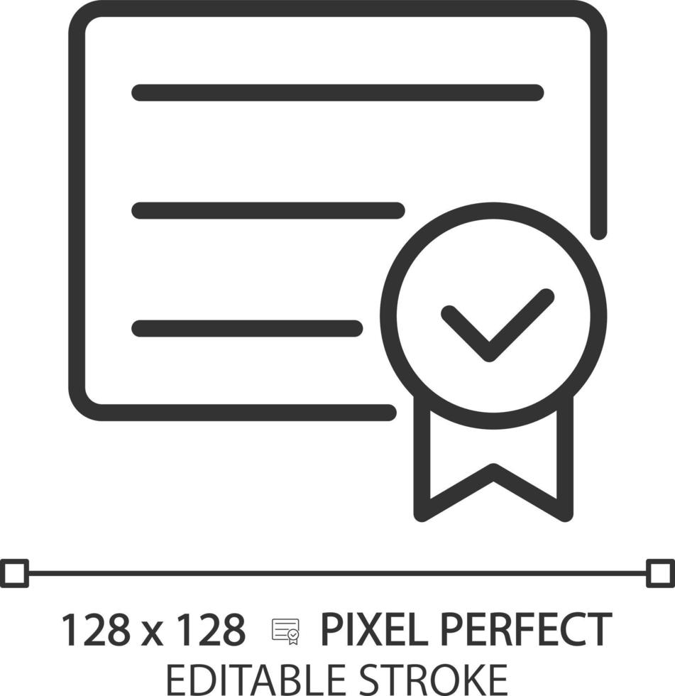 Diploma with check mark pixel perfect linear icon. College graduation document. Certificate of course completion. Thin line illustration. Contour symbol. Vector outline drawing. Editable stroke