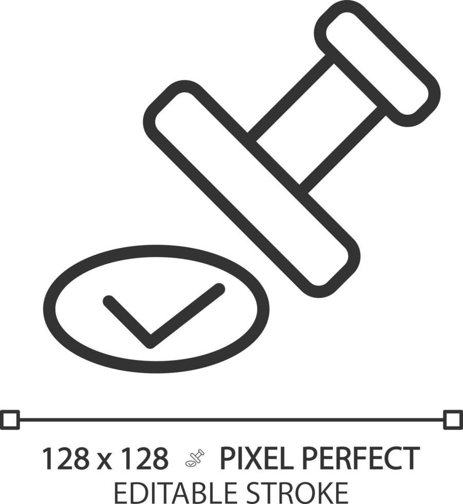 Approval stamp pixel perfect linear icon. Checkmark on official document. Notary service. Proved information. Thin line illustration. Contour symbol. Vector outline drawing. Editable stroke