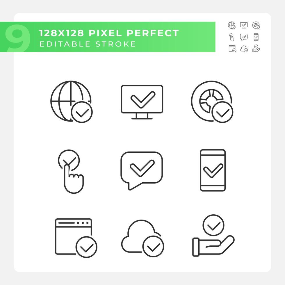 Checkmarks in communication pixel perfect linear icons set. Approval marks in digital industry. Right data. Customizable thin line symbols. Isolated vector outline illustrations. Editable stroke