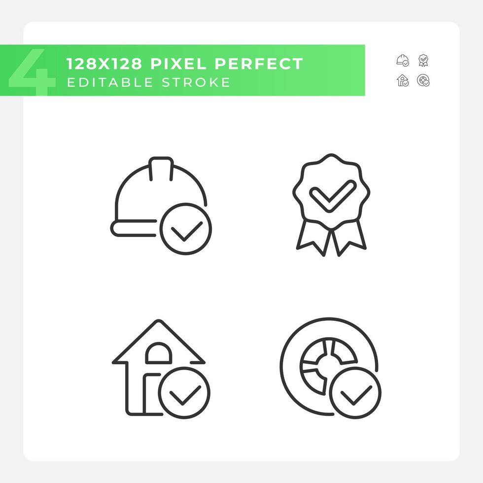 Achievements in industries pixel perfect linear icons set. Correct construction and transportation. Check marks. Customizable thin line symbols. Isolated vector outline illustrations. Editable stroke
