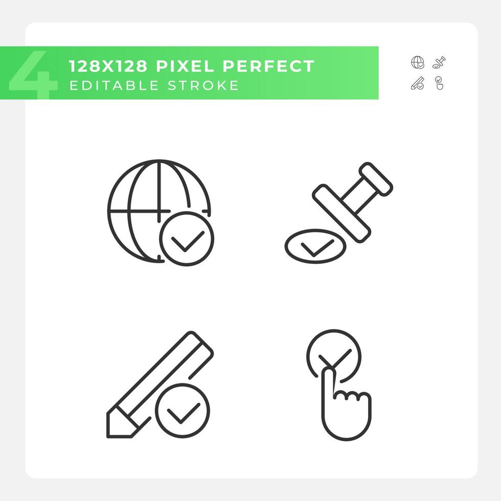 Checkmarks for data approvement pixel perfect linear icons set. International communication work. Customizable thin line symbols. Isolated vector outline illustrations. Editable stroke