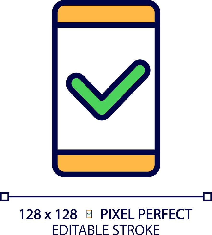móvil teléfono con cheque marca píxel Perfecto rgb color icono. seguro comunicación vía teléfono inteligente personal dispositivo calidad. aislado vector ilustración. sencillo lleno línea dibujo. editable carrera