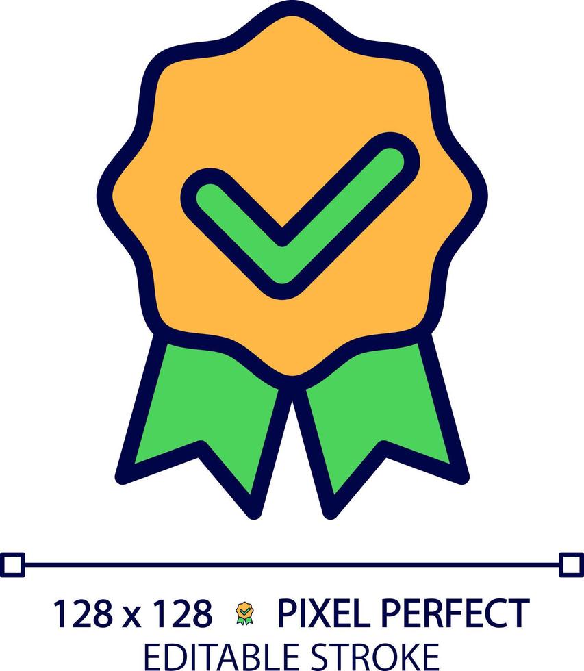 Award badge with check mark pixel perfect RGB color icon. Medal with ribbons and tick. Prize for competition winner. Isolated vector illustration. Simple filled line drawing. Editable stroke