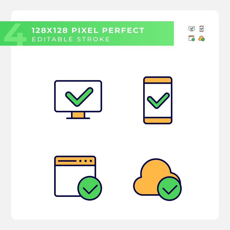 Checkmarks in digital technologies pixel perfect RGB color icons set. Approved access to personal devices. Isolated vector illustrations. Simple filled line drawings collection. Editable stroke