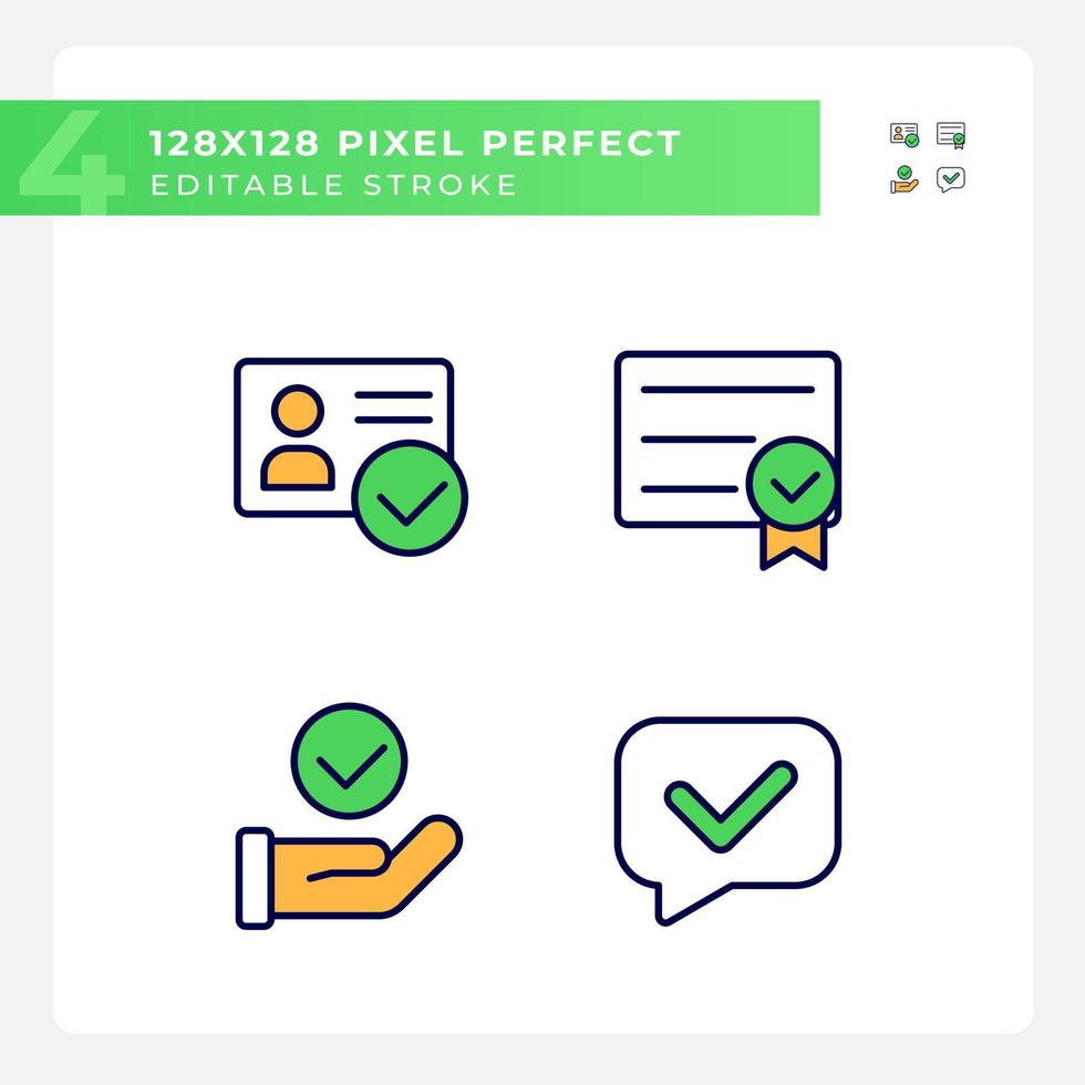 Checkmarks in paper approvement pixel perfect RGB color icons set. Tick marks in business communication. Isolated vector illustrations. Simple filled line drawings collection. Editable stroke