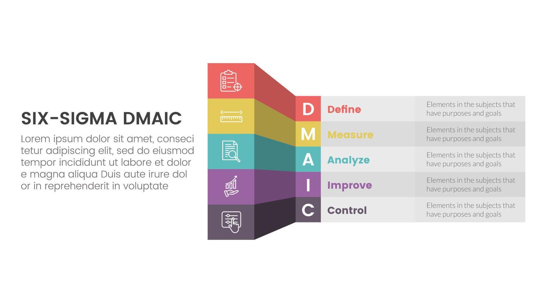 dmaic lss apoyarse seis sigma infografía 5 5 punto etapa modelo con caja mesa sombra 3d estilo concepto para diapositiva presentación vector