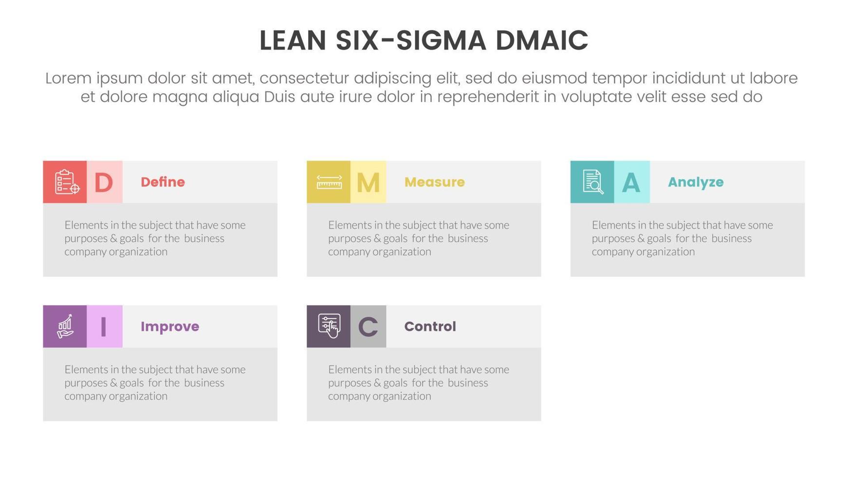 dmaic lss apoyarse seis sigma infografía 5 5 punto etapa modelo con rectángulo caja información concepto para diapositiva presentación vector