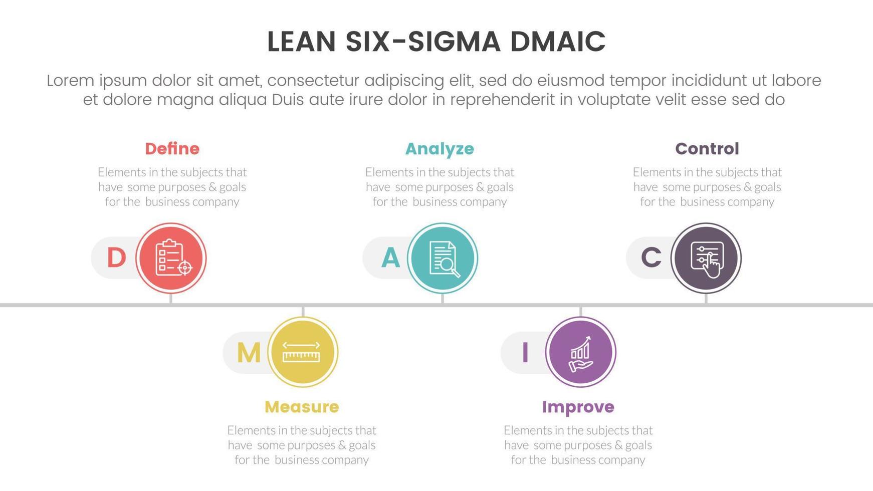 dmaic lss lean six sigma infographic 5 point stage template with timeline point right direction information concept for slide presentation vector