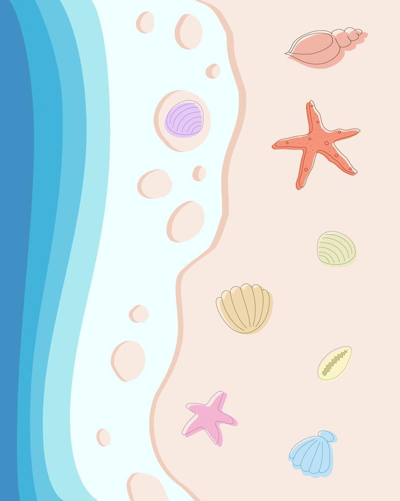 Postcard, background of beach scene with starfish and seashells in ocean waves. vector