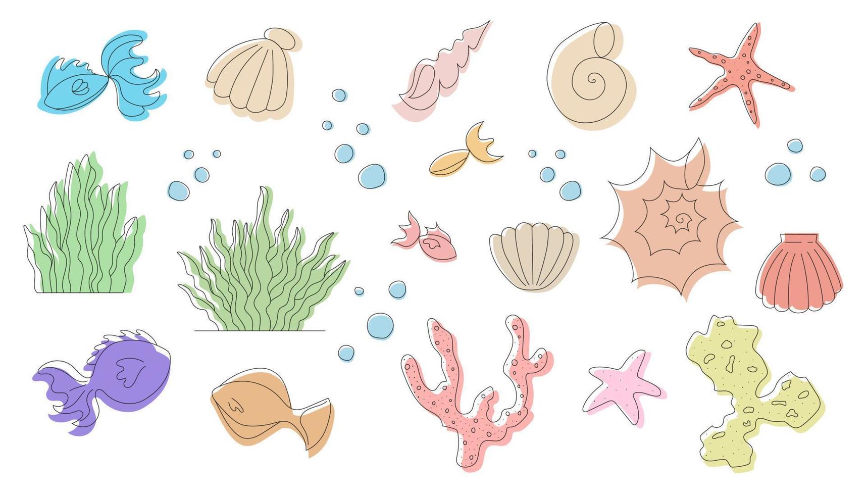 Set of vector drawings with underwater elements, seashells, seaweed, corals and fish.