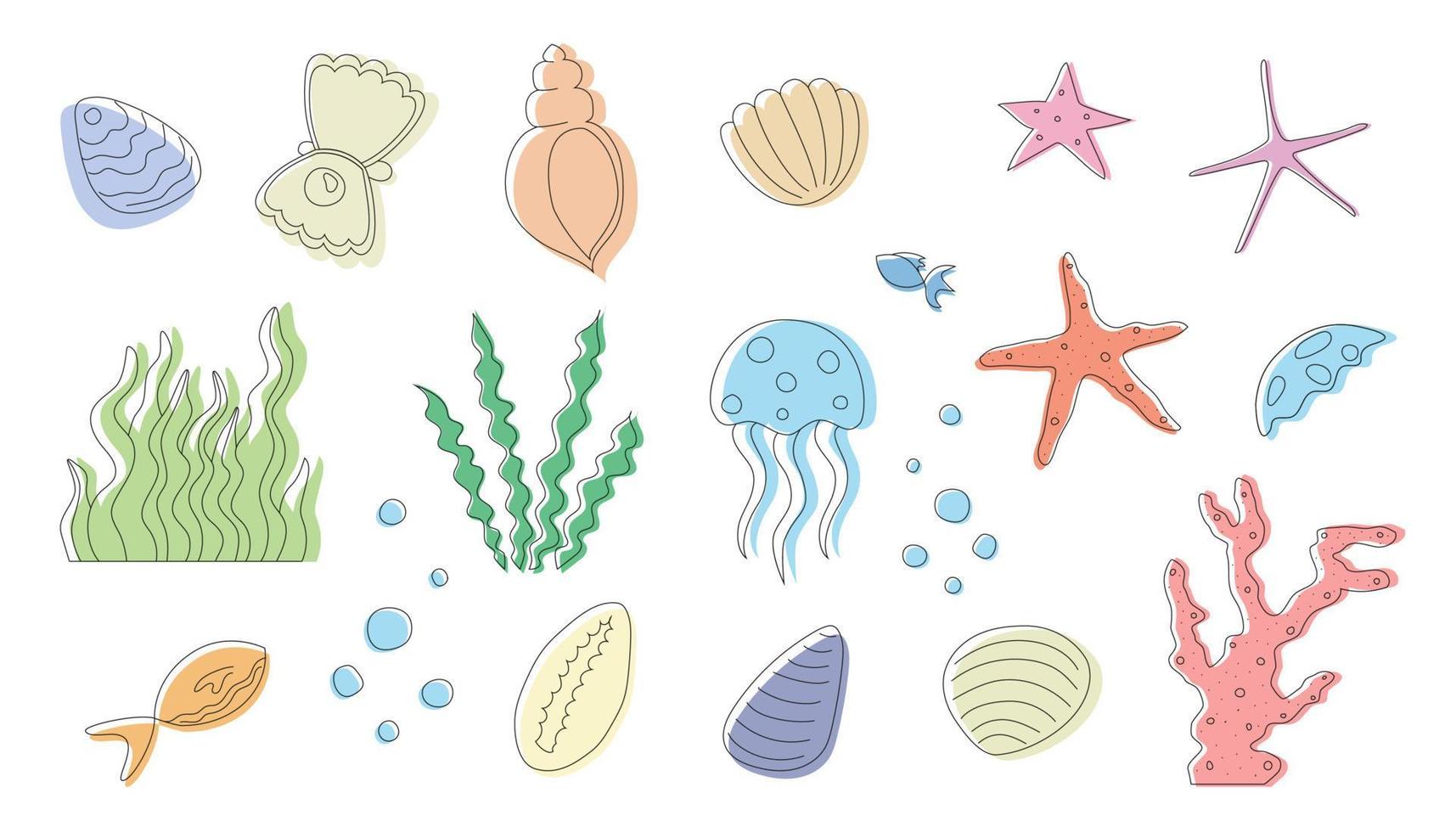 Set of vector drawings with underwater elements, seashells, seaweed, corals and fish.