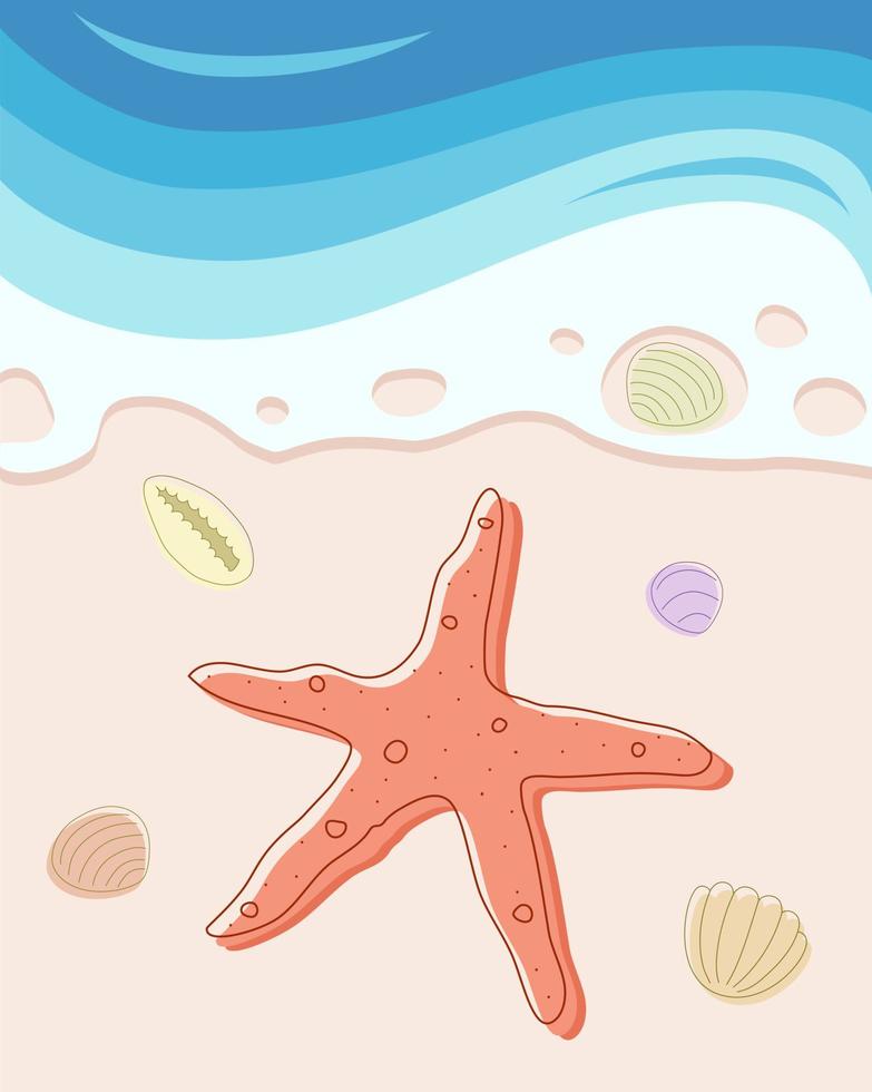 tarjeta postal, antecedentes de playa escena con estrella de mar y conchas marinas en Oceano ondas. vector