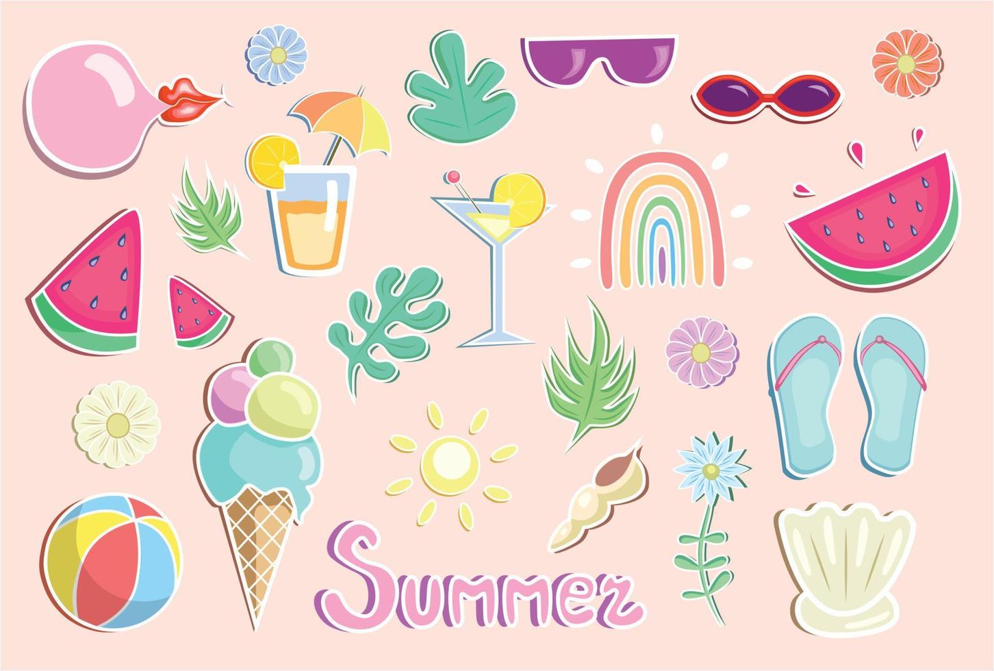 Set of vector illustration of different summer doodles and stickers.