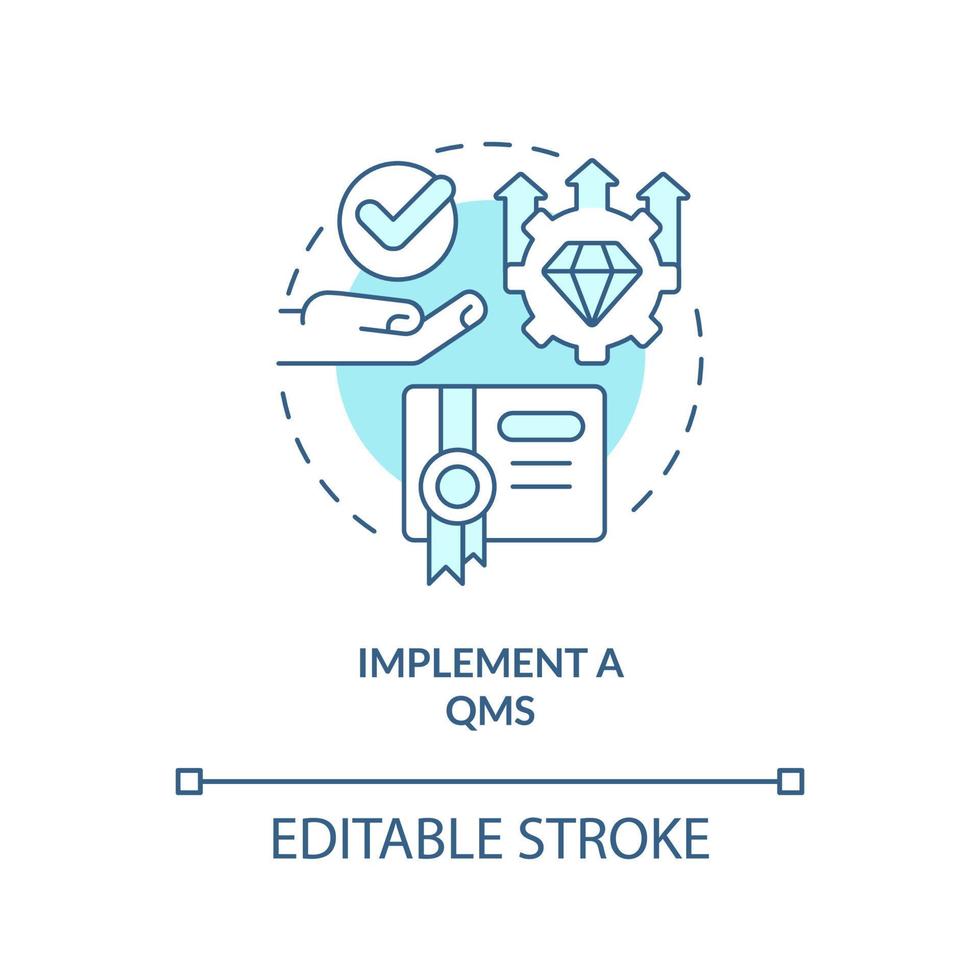 implementar qms turquesa concepto icono. calidad administración sistema. mejorando producto resumen idea Delgado línea ilustración. aislado contorno dibujo. editable carrera vector