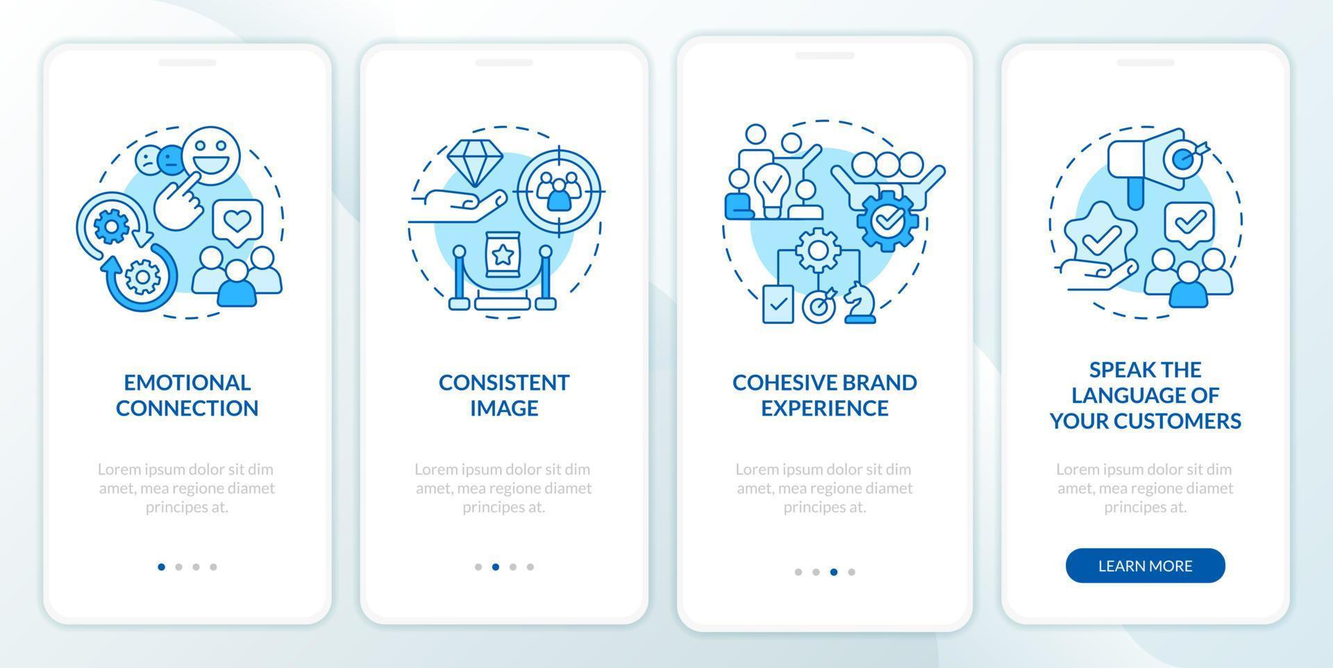 Ways to develop brand longevity blue onboarding mobile app screen. Walkthrough 4 steps editable graphic instructions with linear concepts. UI, UX, GUI template vector